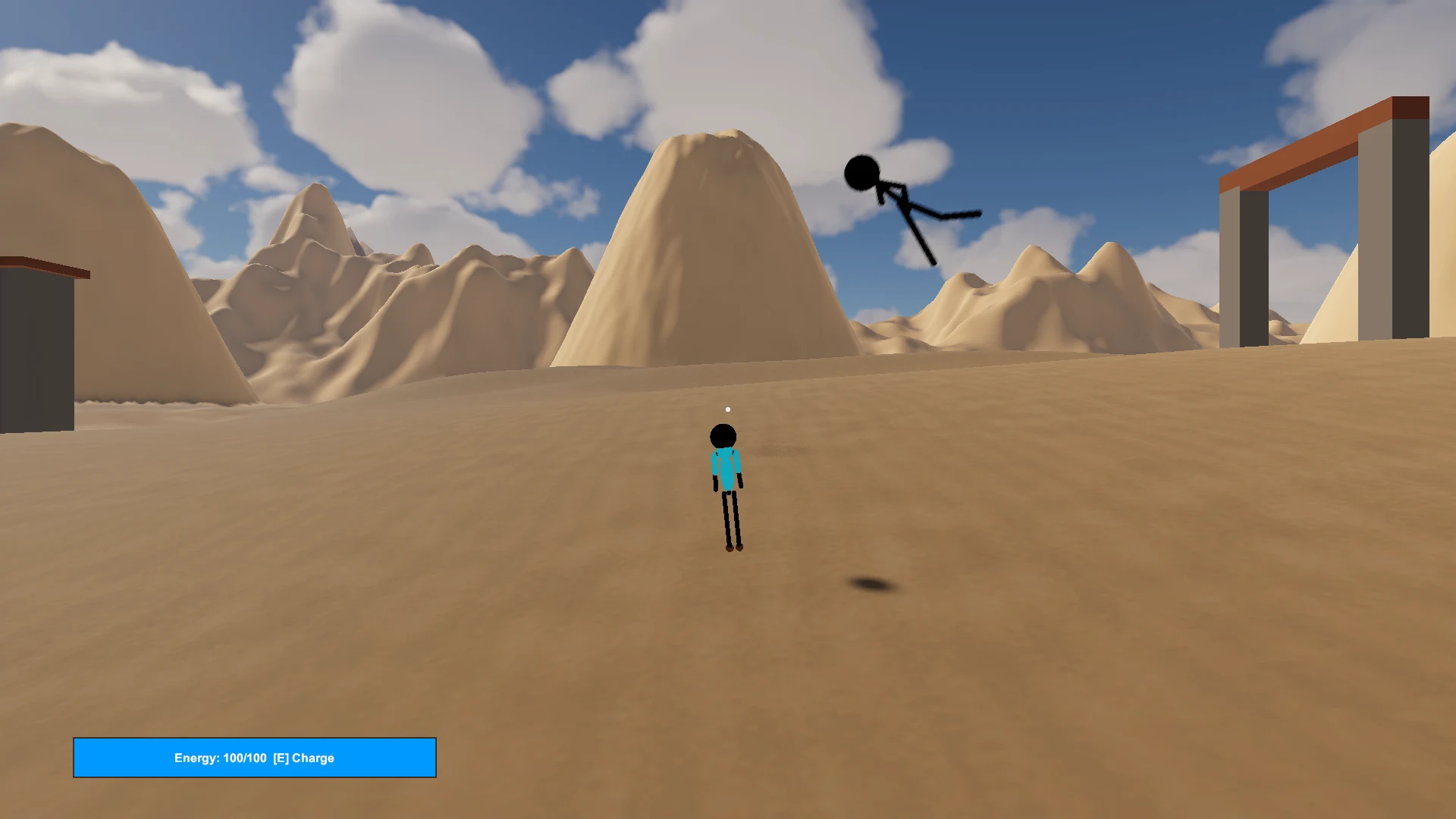 Overpower development gameplay: a turquoise stickman in a mountain landscape, with another character airborne